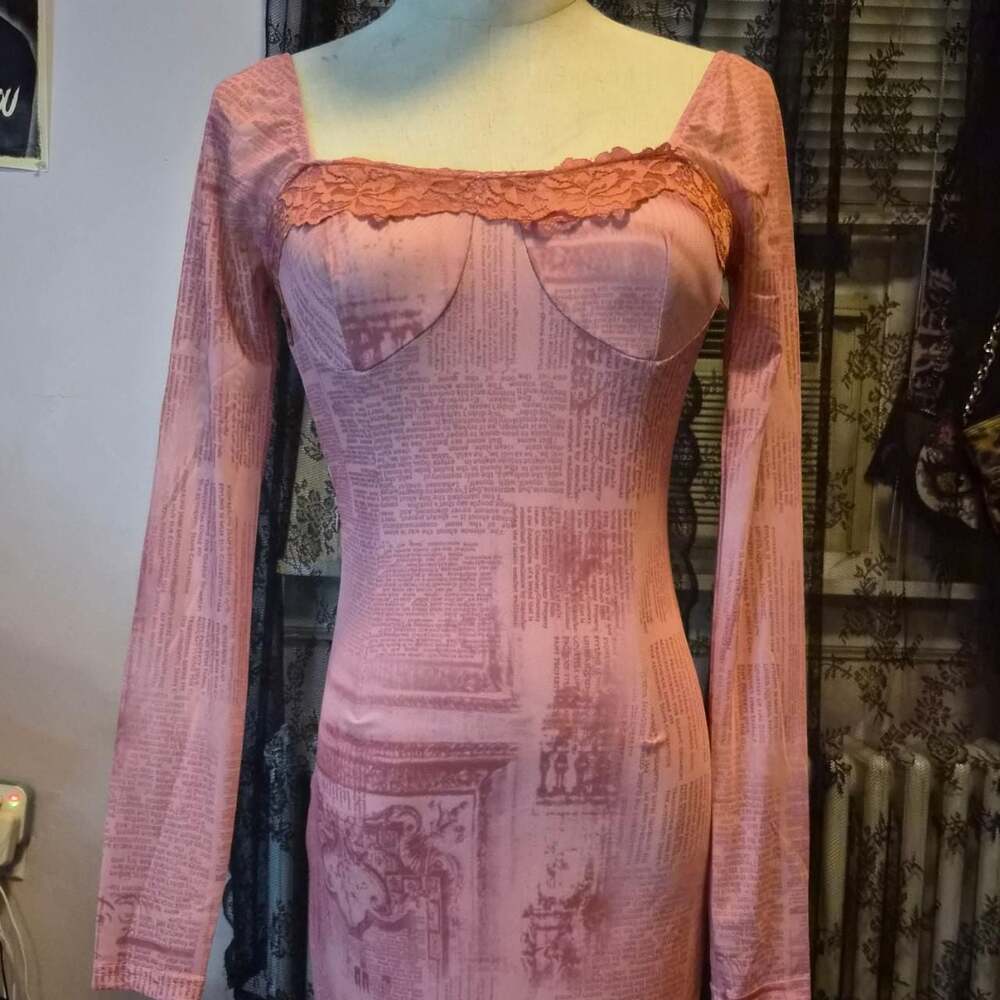 Xeenite Pink Newspaper Print Corset Dress Long Sleeve